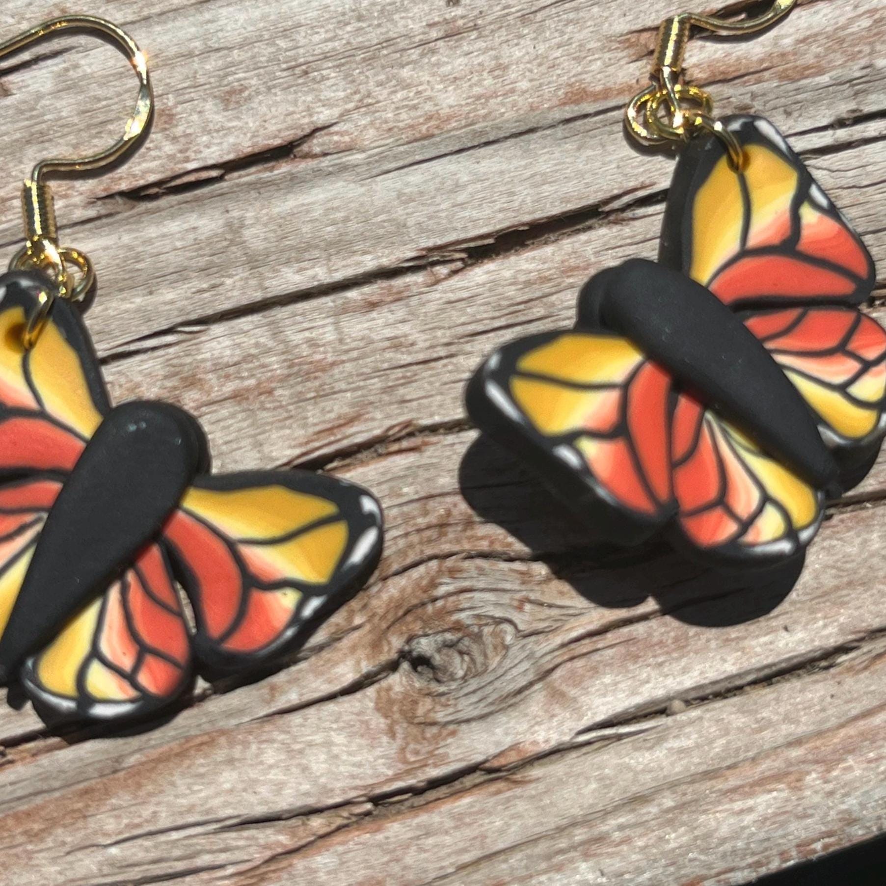 Handmade Monarch Butterfly Earrings – Polymer Clay Jewelry – One of a Kind Nature-Inspired Gift – Orange Black Yellow Statement Dangles