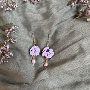 Hand-Sculpted Carnation & Fresh Water Pearl Earrings – January Birth Flower Jewelry